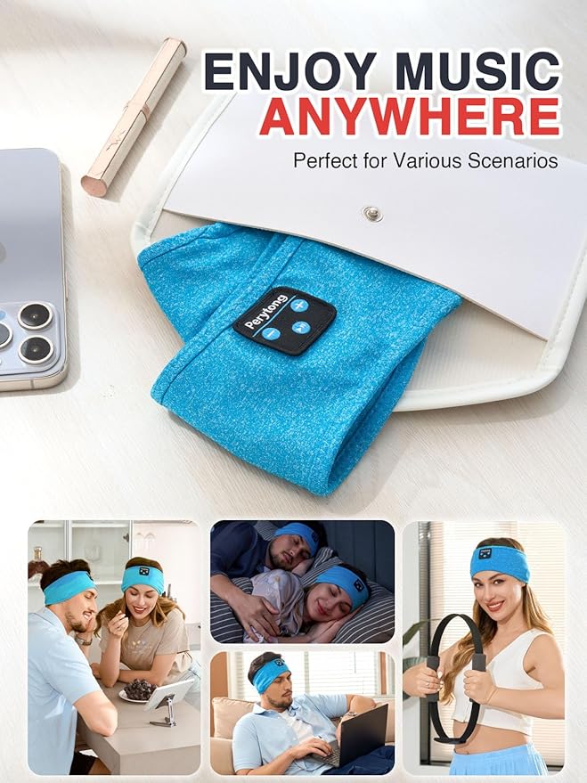 Perytong 2 Pack Sleep Headphones Bluetooth 5.4 Headband, Sleeping Headband Headphones for Side Sleepers, Sweat Resistant Headband Earphones with Built-in Stereo Speakers for Sport Travel Yoga Jogging