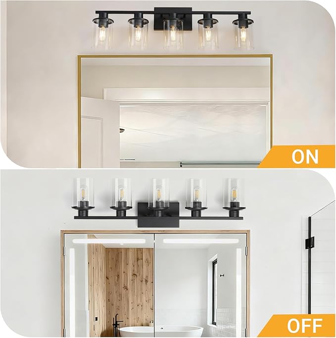 LOUSACE 5-Light Black Bathroom Vanity Light, 31.5" Modern Vanity Lighting Fixture Over Mirror with Clear Glass Shade, E26 Base