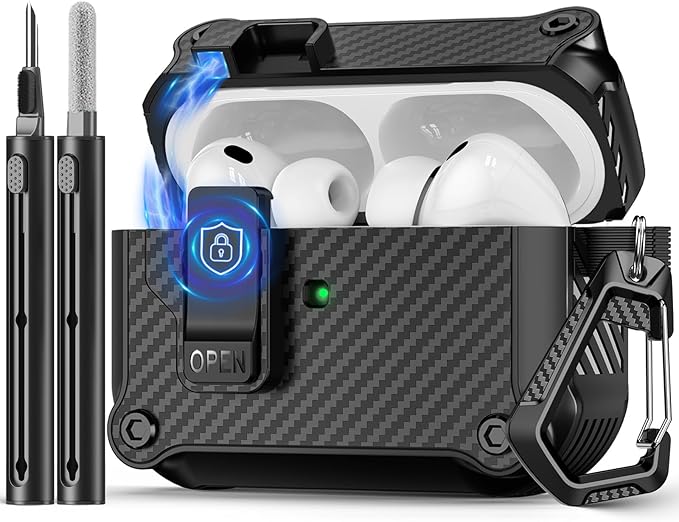 Compatible with AirPods Pro 3 Case,Magnetic Automatic Lock with Cleaning Kit,Compatible with Magsafe,Carbon Fiber Texture Cover-Balck