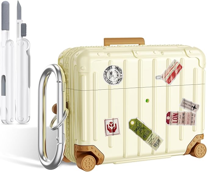 KOREDA Compatible with AirPods Pro 3 Case Cover, Cute Funny Suitcase Design Case for AirPods Pro 3rd Generation, Fashion Protective Hard Case for Women Men with Keychain and Cleaner Kit (Beige)