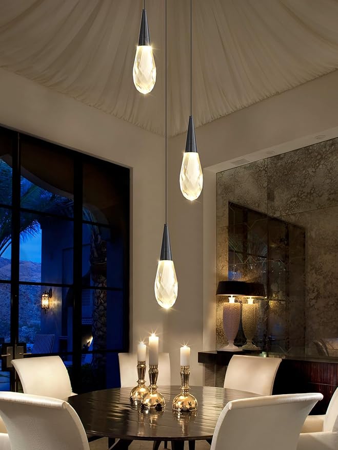 3-Lights Crystal Pendant Light Kitchen Islan Black Hanging Chandelier Teardrop Crystal Pendant Light Fixture for Dining Room, Living Room,Kitchen lsland, Foyer
