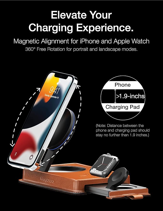 VogDUO 3-in-1 Magnetic Wireless Charger with Leather, 15W Output, 6ft Extension Cables, 18W PD Wall Charger, Compatible with iPhone 16/15/14/13/12, MagSafe Case, AirPods Pro, Apple Watch (Brown)