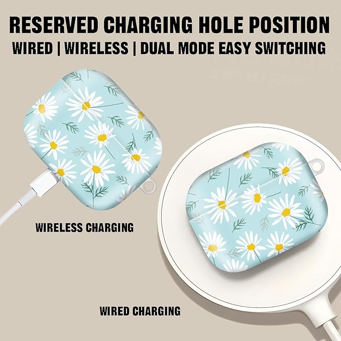 Compatible with AirPod Pro 2nd//1st Generation Case Cover with Key Chain,Full Protective Shockproof Wireless Headphone Case for Airpod Pro 2023/2022/2019（White Flowers）