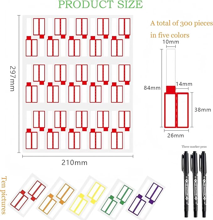 300 Pack Color-Coding Cable Labels Tags Kit with 3 Markers - Water-Resistant Wire Labels for Electronics, Home Theater & PC Setup | Tear Resistant & Heat Resistant Organizer Stickers (-22°F to 248°F)