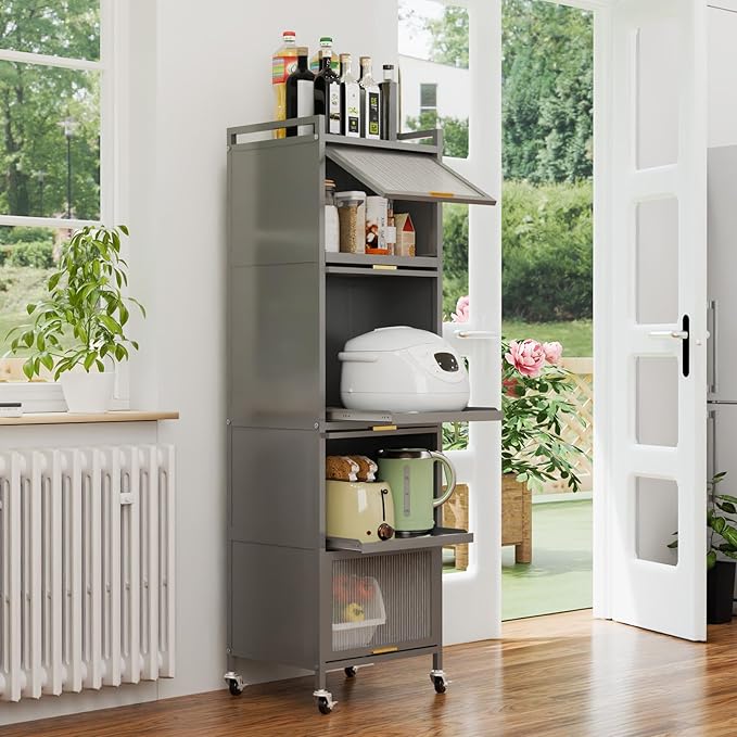 5-Tier Pull Out Kitchen Storage Cabinet with Flip-up PC Doors, Mobile Narrow Storage Cabinet with 3 Pull-out Shelves, Tall Slim Cabinets with 4 Rolling Caster for Dining Pantry Bathroom Laundry