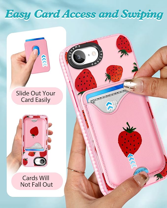 Toycamp for iPhone 16e Case 6.1 Inch - Compatible with Magsafe Credit Card Holder Wallet Magnetic Cute Women Teen Girls Kawaii Girly Unique Strawberry Design Phone Cover for iPhone 16e