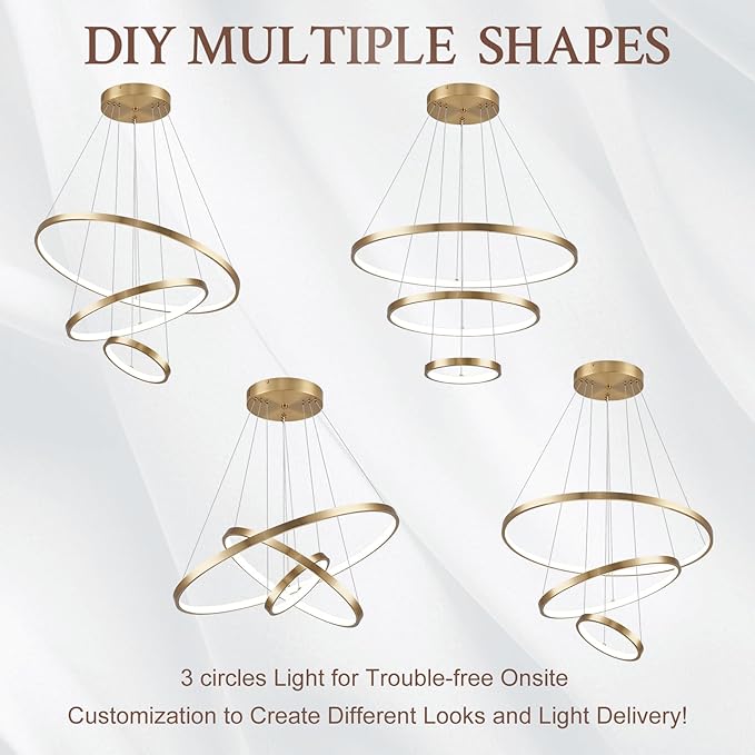 3 Ring Modern LED Chandelier Gold Dimmable Round Chandeliers, LED Circular Pendant Light Fixture with Remote Control for Living Room, Dining Room, Office, Entry, Bedroom