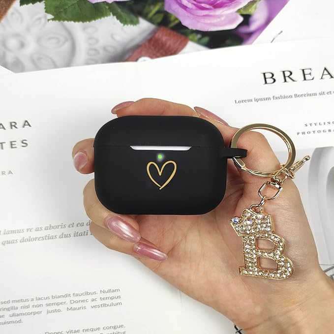 Compatible with AirPods Pro 3 Case Cover (2025), Soft Silicone Case with Gold Heart Pattern for AirPods Pro 3rd Generation Case with Rhinestone Studded Letter A-Z Keychain (B Black)
