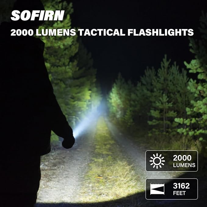 Sofirn Tactical Flashlight 2000 Lumens, 3162 Feet Beam Long Throw, Long Runtime, Hidden Type-C Port, Dual Tail Switch, Rechargeable Zoomable Light for Hunting/Camping/Emergencies, IPX8 Waterproof