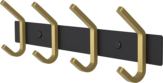 Coat Rack Wall Mount – Black and Gold Hook Rail with 4 Double Coat Hooks, 12 Inch Stainless Steel Wall Hooks for Entryway, Bathroom, Bedroom, Closet, Towel, Hat, Bag, Heavy Duty Organizer
