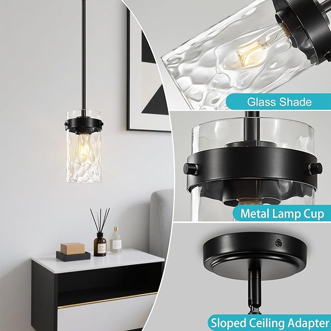 4.72" Hammered Glass Pendant Lighting for Kitchen Island 1 Pack, Modern Black Pendant Light Fixtures, Adjustable Ceiling Pendant Light for Kitchen Island Dining Room Bedroom Hallway