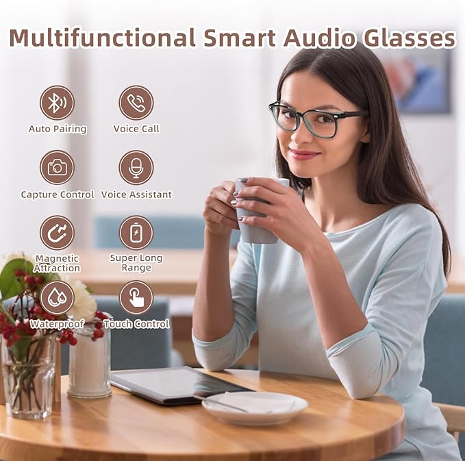 Smart Glasses for Men Women, Bluetooth-Audio Glasses with Clear Blue Light Glasses & UV400 Polarised Magnetic Lenses, Auto On/Off, Call/Music, Unisex Intelligent Sunglasses for Cycling Driving (G05)