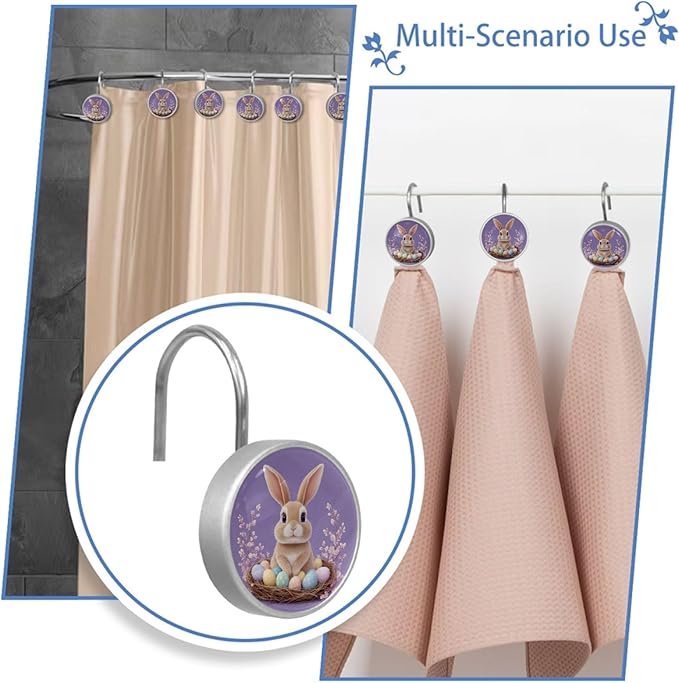 Elegant Purple and Easter Bunny Crystal Glass Shower Curtain Hooks for Bathroom Shower Rod, 12Pcs Round Home Decorative Shower Curtain Rings, Bathroom Bedroom Living Room Accessories
