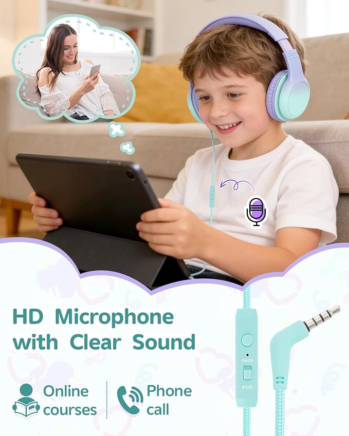 Over Ear Kids Headphones with HD Mic, Safe Volume Limited Wired Headphones for School, Travel, Stereo Sound Headphones with Cord, Foldable 3.5mm Headphones for iPad, Laptop, PC, Purple-Green