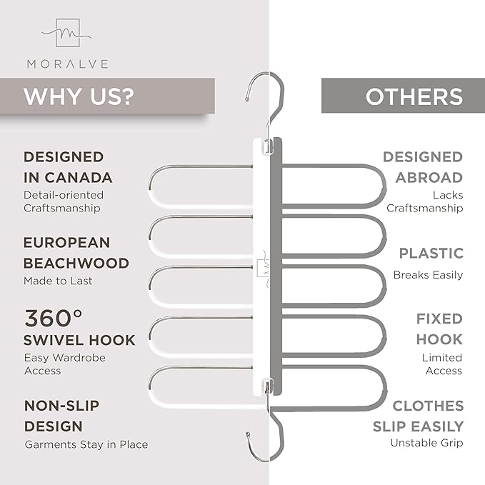 MORALVE Pants Hangers Space Saving - 2 Pack European Beechwood Scarf and Jean Hangers - Closet Organizer and Space Saver Pant Rack, Leggings Hanger, and Scarf Holder with 360° Swivel Hook