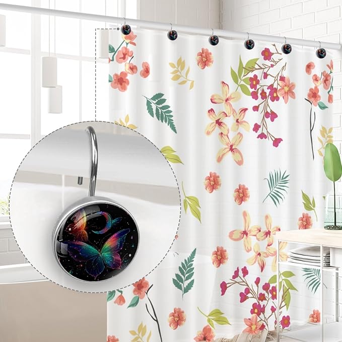 12 Packs Starry Sky and Fantasy Butterfly Shower Curtain Hooks, Stainless Steel Glass Shower Curtain Rings for Bathroom Decor, Metal Rustproof Curtain Rod Hooks