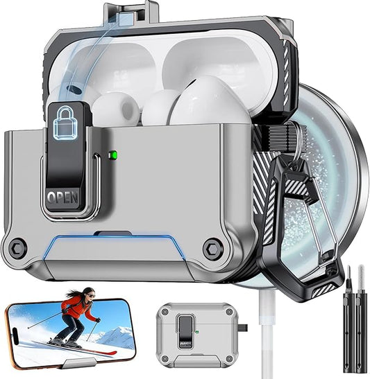 for AirPods Pro 3 Case with Lock,Automatic Snap Switch Design with Phone Stand，Accessories with Cleaning Pen/Keychain/Tool,Compatible with Magsafe(Silver, AirPods Pro 3rd (2025))