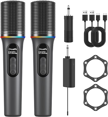 Wireless Microphone, Professional Handheld Dynamic Mic with Rechargeable Receiver, 5-Level Volume Adjustment, Dynamic RGB Lighting, 40-Hour Battery Rechargeable Microphone for Karaoke and Weddings.