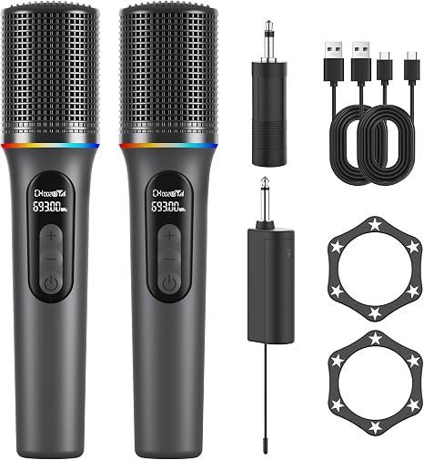 Wireless Microphone, Professional Handheld Dynamic Mic with Rechargeable Receiver, 5-Level Volume Adjustment, Dynamic RGB Lighting, 40-Hour Battery Rechargeable Microphone for Karaoke and Weddings.