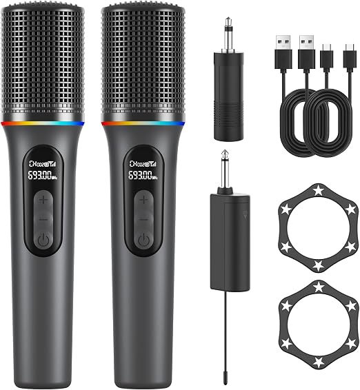 Wireless Microphone, Professional Handheld Dynamic Mic with Rechargeable Receiver, 5-Level Volume Adjustment, Dynamic RGB Lighting, 40-Hour Battery Rechargeable Microphone for Karaoke and Weddings.