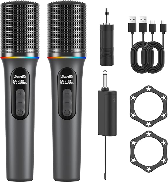 Wireless Microphone, Professional Handheld Dynamic Mic with Rechargeable Receiver, 5-Level Volume Adjustment, Dynamic RGB Lighting, 40-Hour Battery Rechargeable Microphone for Karaoke and Weddings.