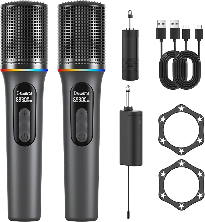 Wireless Microphone, Professional Handheld Dynamic Mic with Rechargeable Receiver, 5-Level Volume Adjustment, Dynamic RGB Lighting, 40-Hour Battery Rechargeable Microphone for Karaoke and Weddings.
