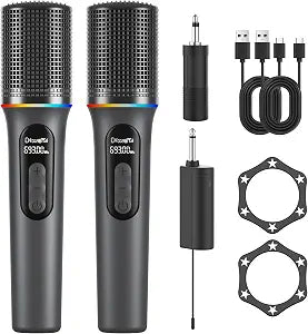 Wireless Microphone, Professional Handheld Dynamic Mic with Rechargeable Receiver, 5-Level Volume Adjustment, Dynamic RGB Lighting, 40-Hour Battery Rechargeable Microphone for Karaoke and Weddings.