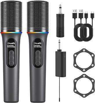 Wireless Microphone, Professional Handheld Dynamic Mic with Rechargeable Receiver, 5-Level Volume Adjustment, Dynamic RGB Lighting, 40-Hour Battery Rechargeable Microphone for Karaoke and Weddings.
