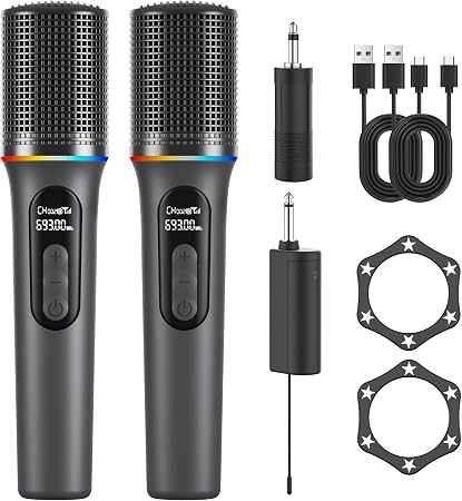 Wireless Microphone, Professional Handheld Dynamic Mic with Rechargeable Receiver, 5-Level Volume Adjustment, Dynamic RGB Lighting, 40-Hour Battery Rechargeable Microphone for Karaoke and Weddings.