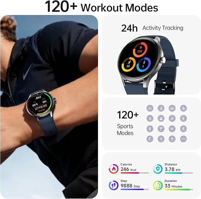 Smart Watch for Men,1.57inch AMOLED Touchscreen Fitness Watch for iPhone & Android,Heart Rate/Sp02/Sleep Monitor,110+ Sport Modes IP68 Waterproof Bluetooth Calls,2 Bands (Blue, 1.57)