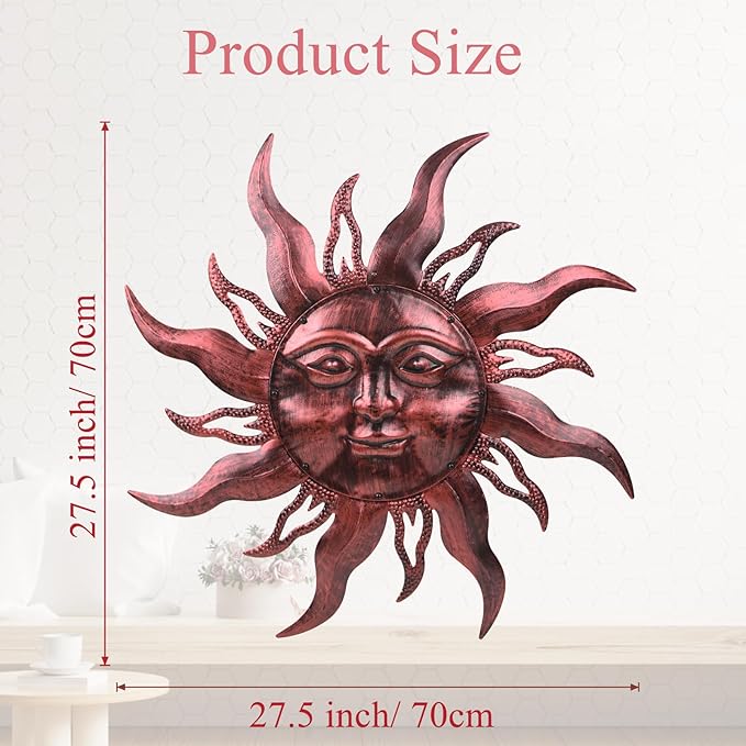 HOBYLUBY 28'' Metal Sun Wall Decor, Large Outdoor Wall Art Decor Hanging Decorative for Patio, Porch, Fence, Garden(Brown)