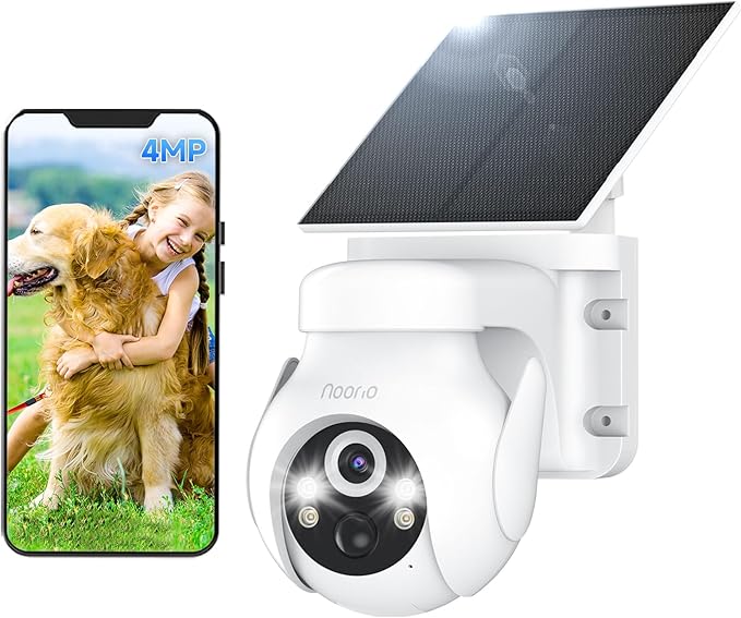 Noorio Solar Security Camera Wireless Outdoor System, 2K/4MP Battery Powered WiFi Camera for Home Security w/5W Solar Panel, 360° PTZ, Auto Tracking, Night Vision, 2-Way Talk, Cloud & SD Card Storage