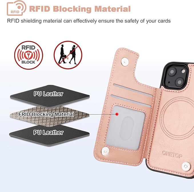 ONETOP Compatible with Magsafe for iPhone 13 Mini Wallet Case with Card Holder, PU Leather Kickstand RFID Blocking Case, Double Magnetic Clasp and Durable Shockproof Cover 5.4 Inch (Rose Gold)