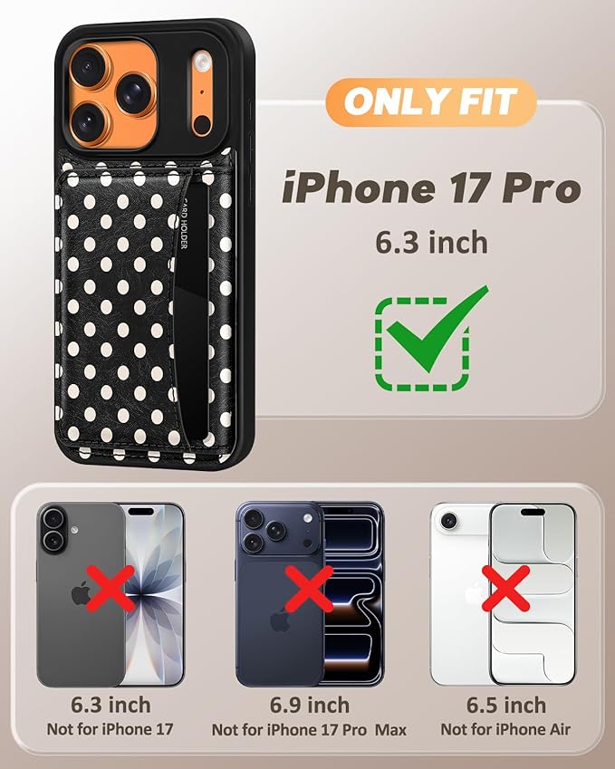 for iPhone 17 Pro Case with Wallet - Fits 4 Card Slots, Compatible with MagSafe for Women Aesthetic Durable PU Leather Credit Card Holder Kickstand Phone Cover for Apple 17 Pro, Polka Dots