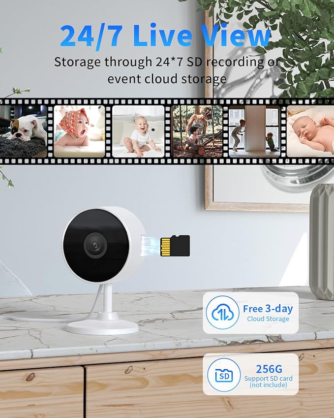 2K Indoor Security Camera for Home Security, AI Voice Change for 2-Way Talk, Motion Detection, Night Vision, 24/7 SD Recording/Cloud Storage, WiFi Home Camera (White)