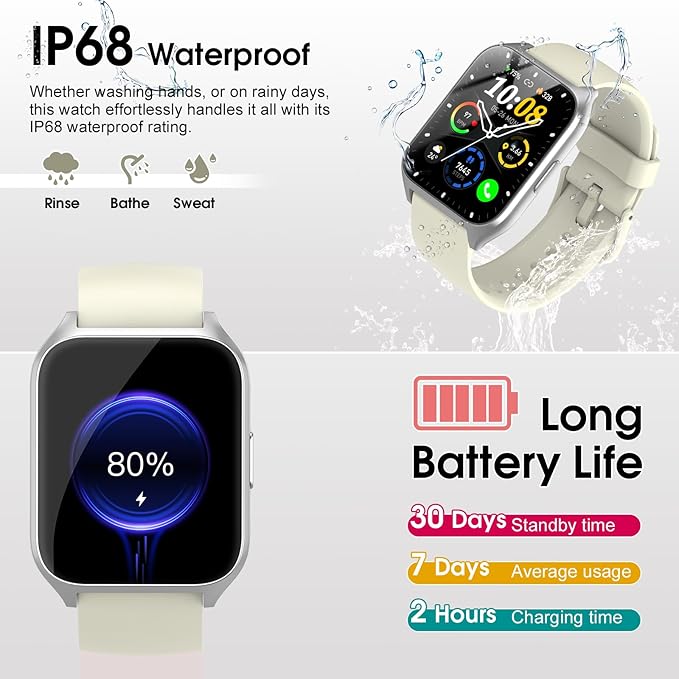 Smart Watch, 1.85" HD Smartwatches for Men Women (Answer/Make Calls), 100+ Sport Modes Fitness Tracker Watch, Heart Rate/Sleep Monitor, IP68 Waterproof Activity Tracker, Smartwatch Bee White
