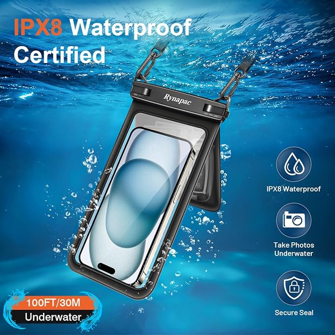 Waterproof Phone Pouch, [Up to 8.5''] Double Space Waterproof Phone Case with Lanyard for iPhone 17 16 15 Pro Max Galaxy S25 Ultra, Cellphone Dry Bag for Beach Vacation, 2 Pack (Black & Sky Blue)