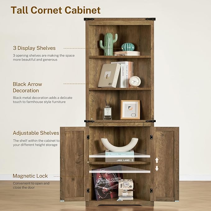 TEENFON Farmhouse Corner Cabinet, 70" H Tall Corner Hutch with 5 Shelves & 2 Barn Doors, Storage Cabinet with Adjustable Shelf, for Living Room, Kitchen, Bathroom, Honey Brown