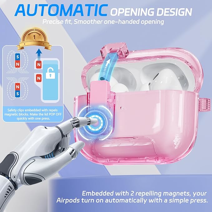 for AirPods Pro 2 Case with Phone Stand & Secure Lock, Auto-Open Clear Cover Compatible with Apple AirPods Pro 2nd/1st Gen (2023,2022,2019) with Cleaning Kit & Keychain (Clear Pink)