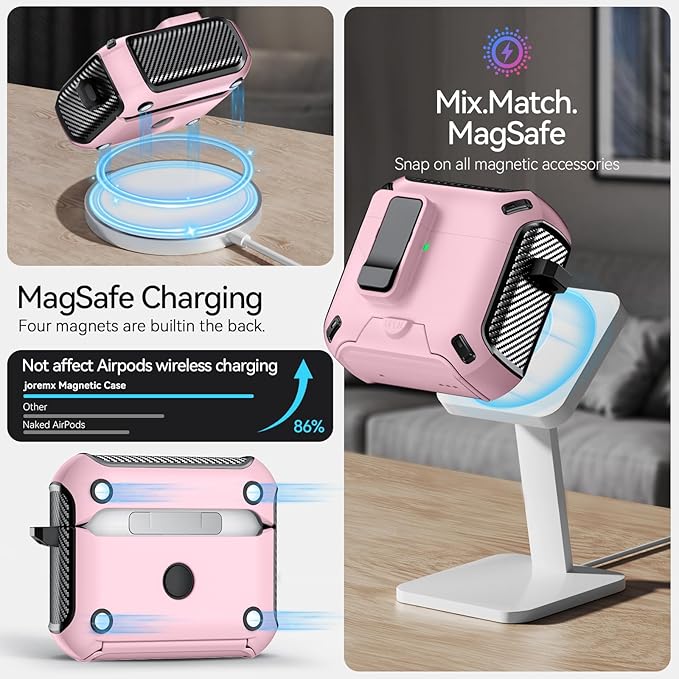 for AirPods 4 Case (2024) with Phone Stand,（with Automatic Snap Switch） Carbon Fiber Design Protection Cover with Cleaning Pen,Pink
