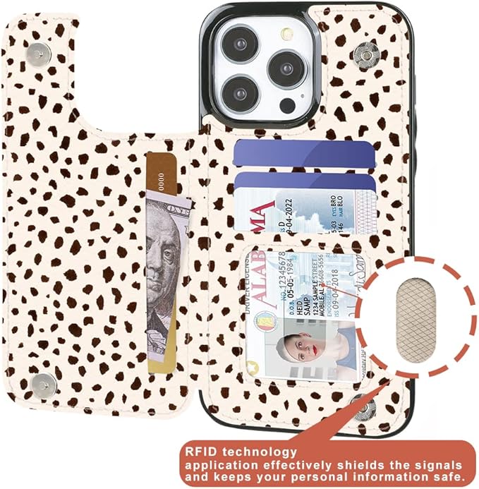 uCOLOR Compatible with iPhone 14 Pro Max 6.7" Wallet Case with Card Holder Folio Flip PU Leather Kickstand Card Slots Double Magnetic Clasp and RFID Blocking Cover 6.7 Inch (Almond Latte Polka Dot)