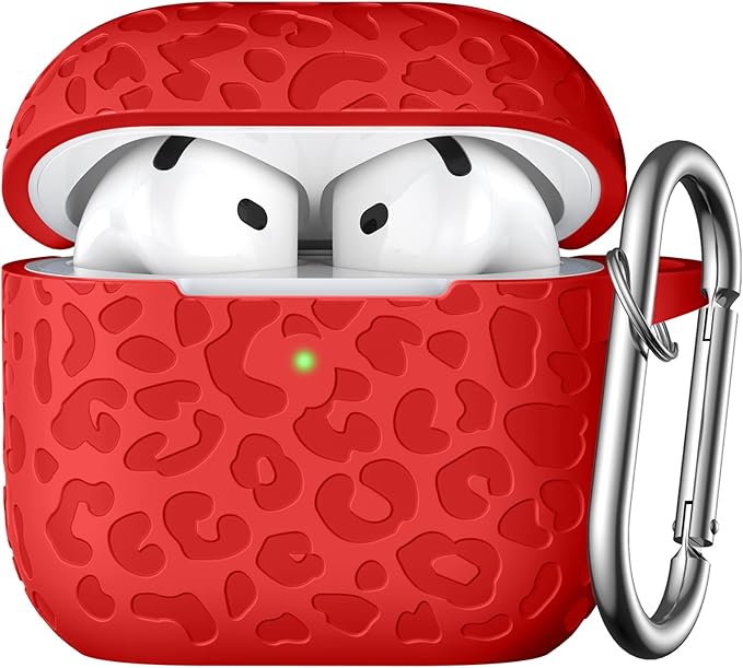 Leopard Engraved for AirPods 4 Case Cover 2024,Soft Silicone Protective Case Compatible with Apple AirPods 4th Generation Case for Women,Cute AirPod 4 Case Accessories with Keychain (Red)