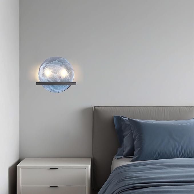 2 Light 10" Round Bllue Glass Bathroom Wall Sconce Modern Concise Style Wall Light Fixture,Black Finish for Bedroom Hallway Bedside