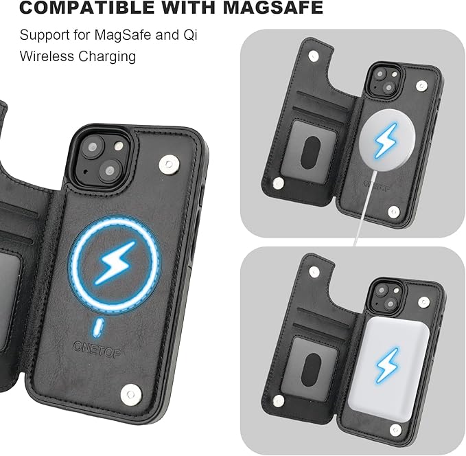 ONETOP Compatible with Magsafe for iPhone 13 Wallet Case with Card Holder, PU Leather Kickstand RFID Blocking Case, Double Magnetic Clasp and Durable Shockproof Cover 6.1 Inch (Black)