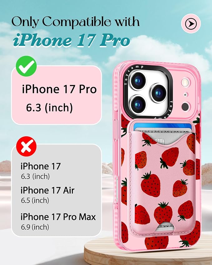 Toycamp for iPhone 17 Pro Max Case - Compatible with Magsafe Credit Card Holder Wallet Magnetic Cute Women Teen Girls Kawaii Girly Unique Strawberry Design Phone Cover for Apple 17 Promax