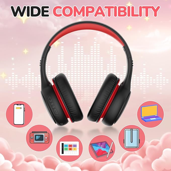 Kids Bluetooth Headphones, 60 Hours Playtime, Bluetooth 5.4 Kids Headphones Wireless, Type-C Fast Charging, 85/94dB Volume Limited, Foldable Toddler Wireless Headsets with Mic-Black Red