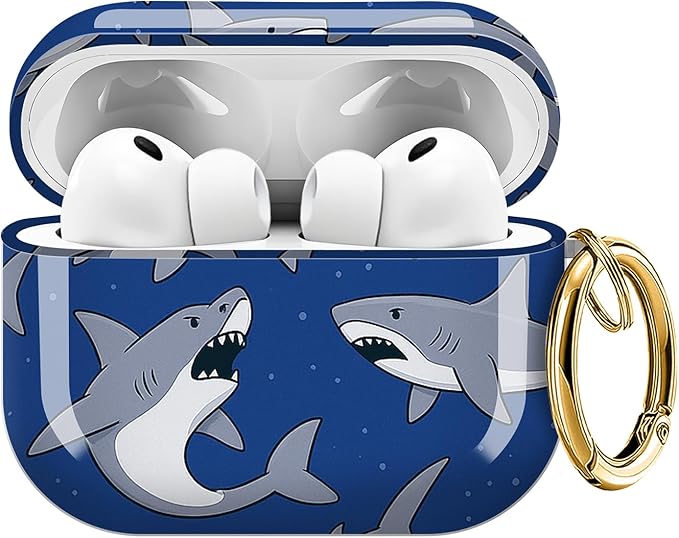 for AirPods Pro 3 Case, Compatible with AirPods Pro 3rd Generation Case (2025), Shockproof Protective Cover with Golden Carabine (Luxury Ocean Shark Blue)