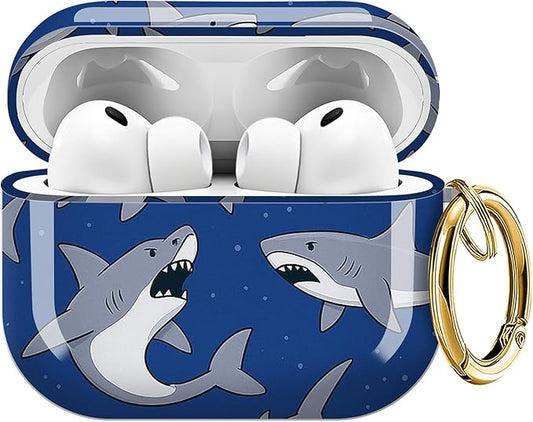 for AirPods Pro 3 Case, Compatible with AirPods Pro 3rd Generation Case (2025), Shockproof Protective Cover with Golden Carabine (Luxury Ocean Shark Blue)