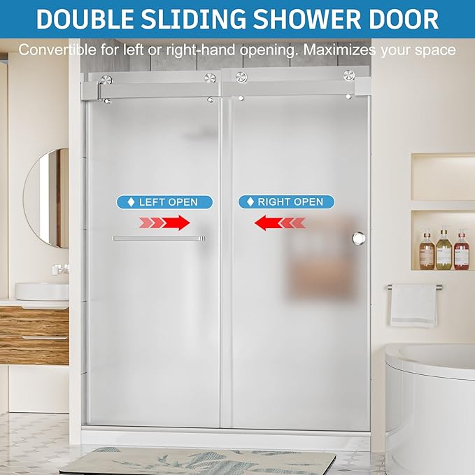 Frameless Shower Door, 56-60" W x 78" H 3/8" (10mm) Thick Tempered Frosted Glass Shower Door with Explosion-Proof Film Nano Coating, Double Sliding Doors for Walk in Shower, Stainless Steel Hardware