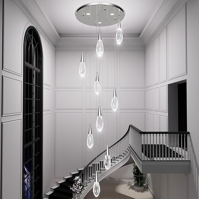 H98 Modern Chandelier for Stairway 9-Lights Crystal Raindrop Chandelier Chrome Pendant Light for Staircase Living Room Entryway LED Dimmable High Ceiling Chandeliers with Remote